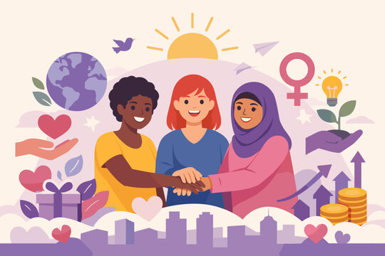 Empowering International Women's Day 2026 Vector Illustration for Give to Gain Campaign. Diverse Women Joining Hands for Equality, Inclusion, and Global Support with Symbols of Growth and Love.