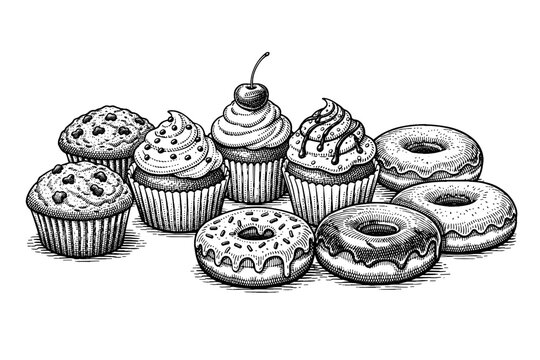 Vintage hand-drawn engraving of sweet bakery treats including frosted cupcakes with cherries and sprinkles, chocolate chip muffins, and glazed donuts. Detailed woodcut style vector illustration.