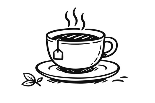 Hand-drawn tea cup doodle illustration featuring a tea bag, saucer, and rising steam. Simple black and white line art vector graphic for cafe menus, kitchen decor, and healthy lifestyle branding.