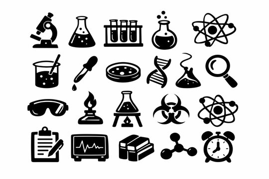 Science Laboratory Icons Collection in Hand Drawn Black Silhouette Style; Simple Flat Vector Illustration of Research Equipment, Microscope, Flask, Atom, DNA, Biohazard, and Chemistry Tools.