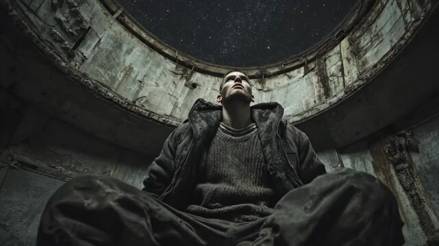 Young man looking at starry night sky through circular opening in ruined concrete building walls