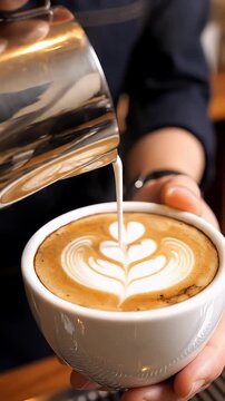Barista Pouring Microfoam for Latte Art - A close-up shot captures a barista expertly tilting a metal pitcher while pouring velvety microfoam into a cup of espresso, creating a beautiful latte art