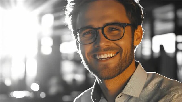 A cheerful man with glasses, beard and dark hair smiling at the camera against a night backdrop.