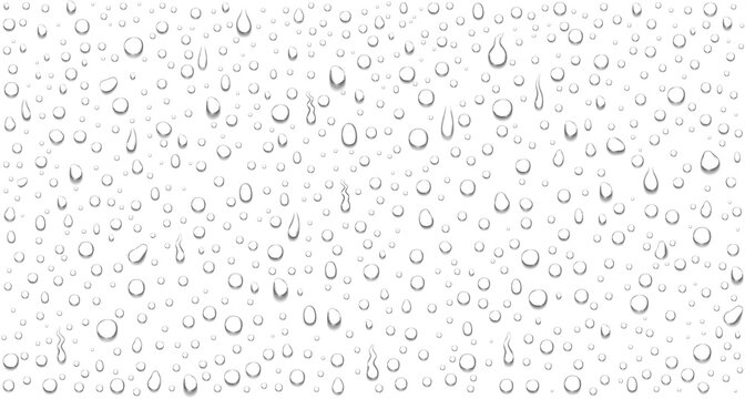 Moisture reflection on clear glass surface with realistic transparent water droplets. Fresh liquid texture and drops design