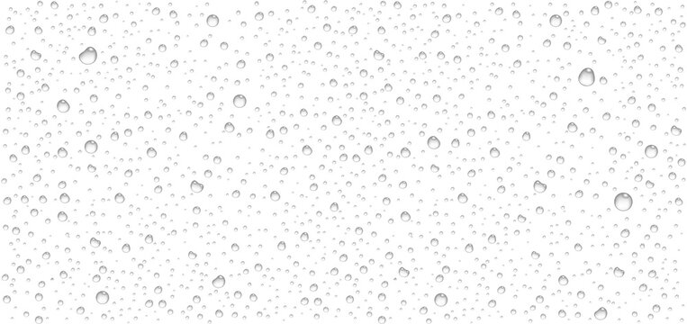 Transparent water droplets, water-drop on wet clear window. Realistic crystal clarity moisture reflection on glass surface