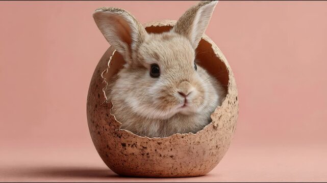 Little brown bunny sits inside a cracked egg shell. Easter concept with fluffy rabbit emerging from broken egg for spring holiday celebration in studio setting.