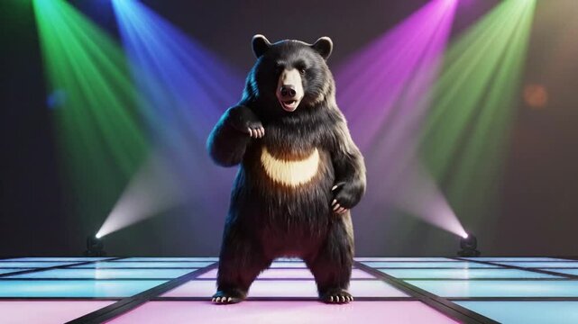 Sun bear dances in colorful lights with CGI animation and fur rendering