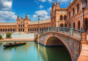 Naklejka premium Plaza de Espa?a Scenic View with Bridge and Boat, Seville