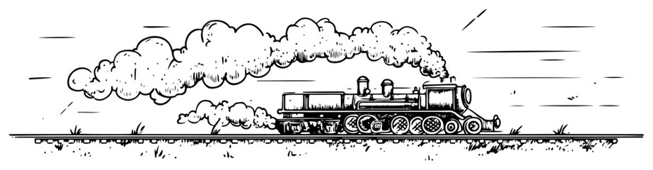 Steam locomotive train traveling on tracks with smoke clouds in vintage hand drawn sketch style © Kaz
