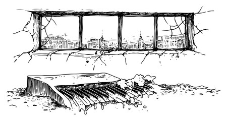 Piano keys melting from a cracked wall below a broken window overlooking the city skyline in hand drawn doodle style © Kaz