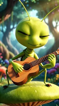 Cartoon Mantis Playing Guitar - A cute cartoon mantis character is sitting on a mushroom, happily playing a small guitar.