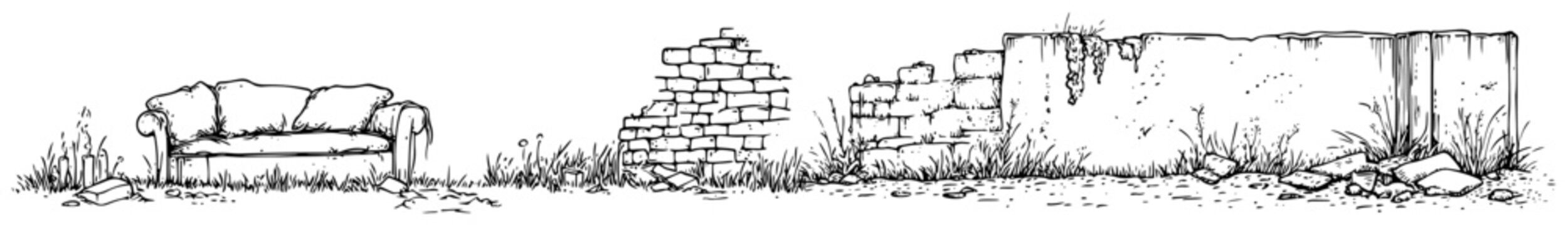 Abandoned sofa sitting near a ruined brick wall in a post apocalyptic landscape hand drawn sketch style
