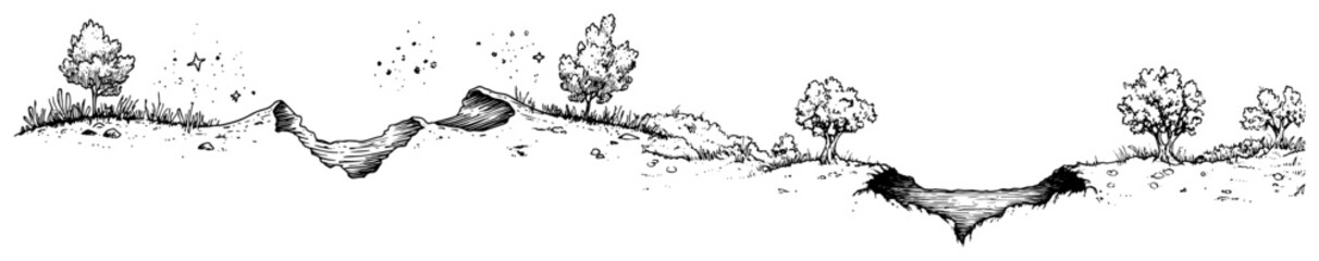 Rolling hills with trees and stars in hand drawn engraving style © Kaz
