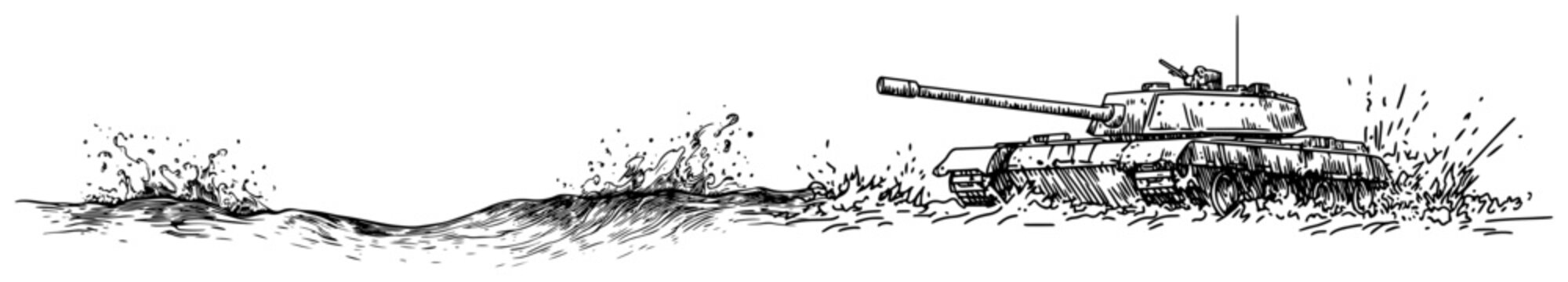 Military tank moving through mud and water with splashes in hand drawn sketch style
