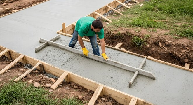 Professional construction worker in green t-shirt leveling fresh wet concrete for a new garden walkway or sidewalk using a manual screed board tool in a residential backyard landscaping project.