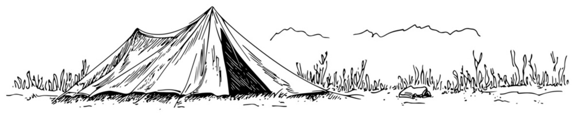Camping tent pitched in a mountain wilderness with tall grass in hand drawn sketch style © Kaz