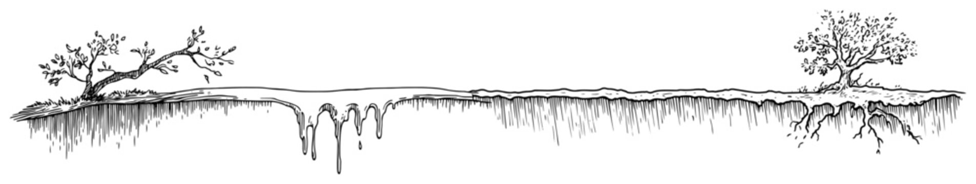 Tree roots and dripping ground landscape in hand drawn sketch style