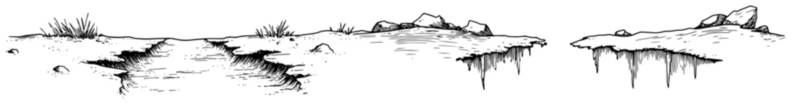 Floating rock islands and broken ground landscape in minimalist doodle style