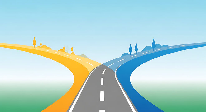 An illustration of a road diverging into two paths, one leading to a sunny cityscape and the other to a serene mountain range
