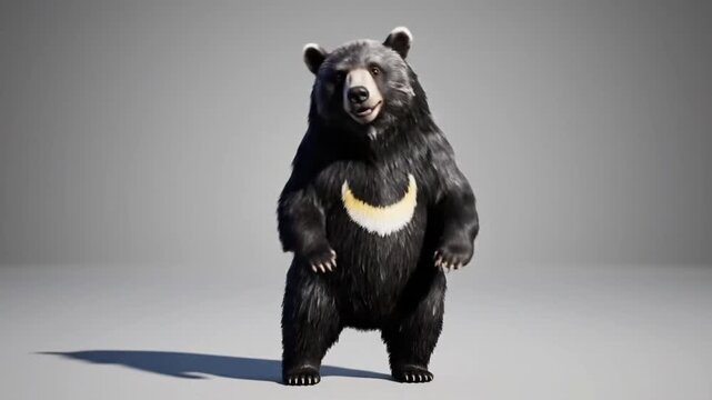 Sun bear dances in a realistic CG animation with detailed fur and lively movements set in a simple studio background