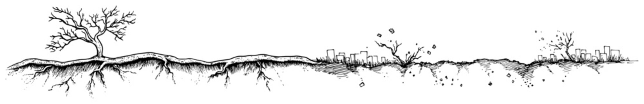 Ground cross section with bare trees roots and city skyline in hand drawn sketch style