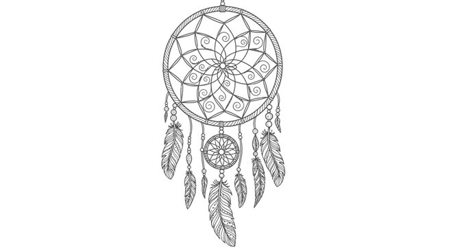 Intricate black and white line art illustration of a dreamcatcher with feathers, bohemian style, tribal spiritual amulet design