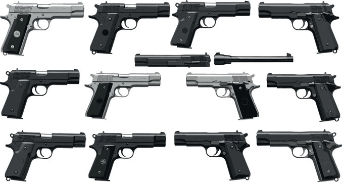 High-quality collection of 12 1911-style pistols in a 3x4 grid showing various slide colors and angles for product catalog photography