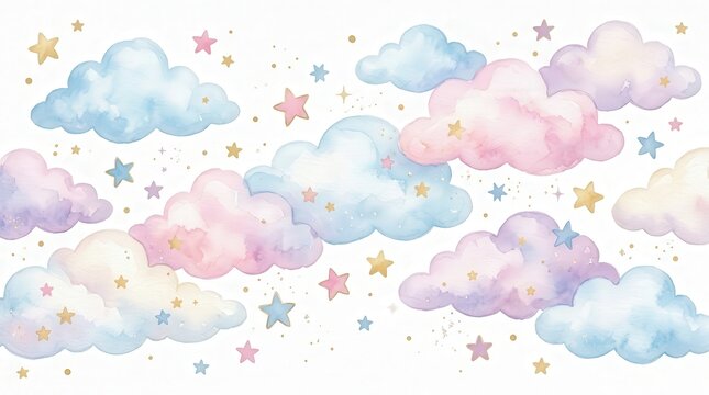Cute Watercolor Cloud Illustration with Stars and Pastel Colors for Kids and Dreamy Designs