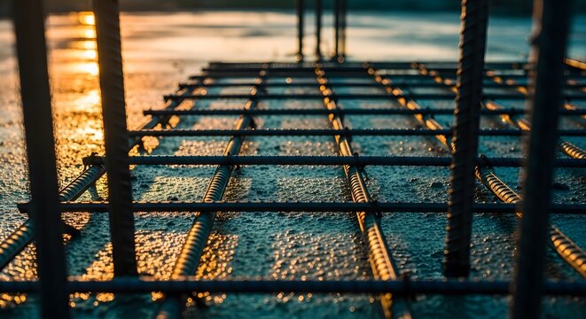 Close-up of steel reinforcement bars rebar mesh on fresh concrete slab foundation at a construction site during sunset golden hour, industrial building infrastructure development and engineering.