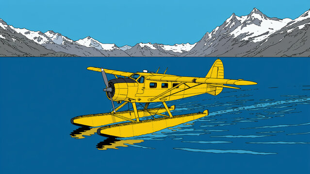 Comic Style Illustration of Vintage Yellow Seaplane on Alpine Lake with Mountains