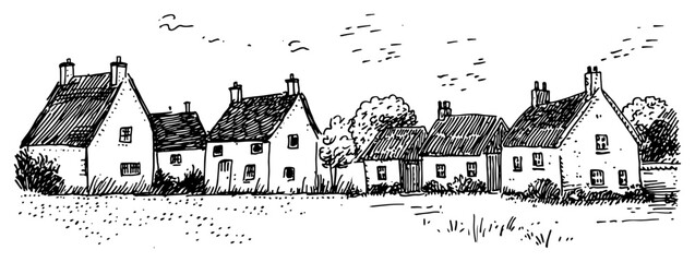 Obraz premium Village houses and cottages in a rural row hand drawn doodle style