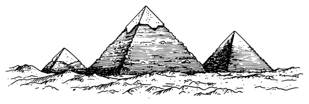 Great pyramids of Egypt in a desert landscape with sand dunes in hand drawn sketch style