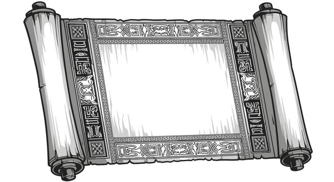 Hand-drawn ancient scroll illustration with blank vintage parchment paper and decorative borders. Old map or document background.
