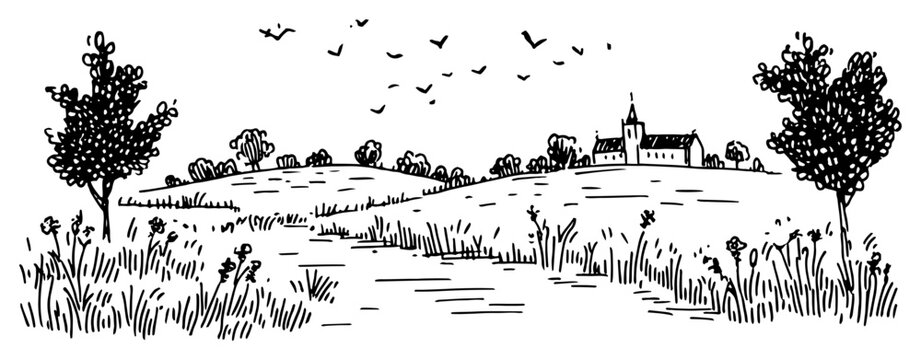 Rolling hills countryside landscape with small church and trees in hand drawn sketch style