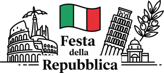 Fototapeta premium Celebrating republic day italy iconic landmarks and the italian flag in a festive illustration