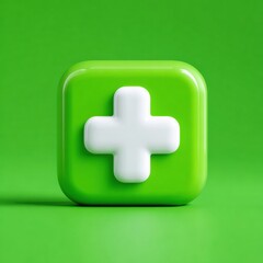 Obraz premium A hyperrealistic first aid cross icon floats on a bright green background under studio lighting, showcasing a clean design in a medical context.