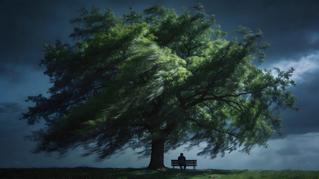 Person sitting under a large tree during storm