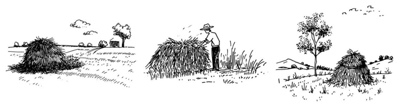 Rural farm life scenes with haystacks and farmer in hand drawn sketch style