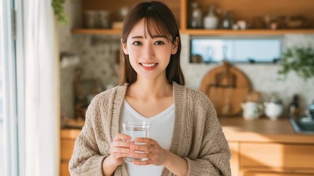 明るいキッチンで水を手に微笑む日本人女性の健康的な朝