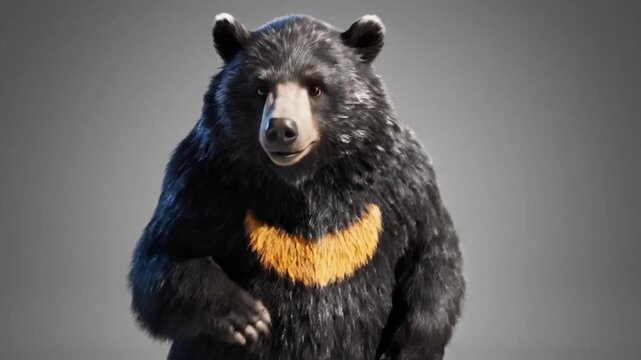 Sun bear dances in a realistic CG fur rendering with smooth movements and attention to detail in a creative animation setting