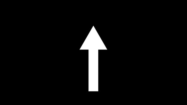 A clean, minimalist graphic illustration featuring a bold white upward-pointing arrow centered against a solid black background, ideal for UI design, business presentations, and navigational concepts.