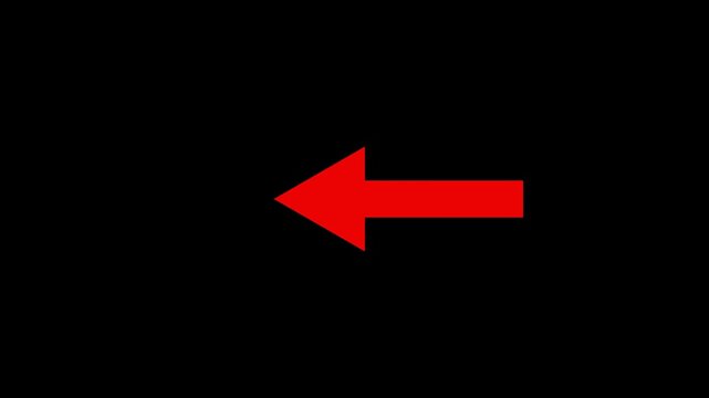 A vibrant red arrow pointing towards the left side, isolated against a stark, solid black background. This minimalist graphic symbol is ideal for directions, navigation, and UI design.