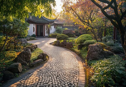 Asian Garden Courtyard with Curved Pathway and Traditional Architecture