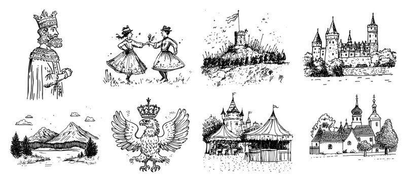 Polish folklore and historical icons collection with castles and folk dancers in hand drawn sketch style