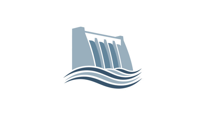 Abstract grey hydroelectric dam icon with stylized water waves, symbolizing hydro power generation and renewable energy, isolated white background.