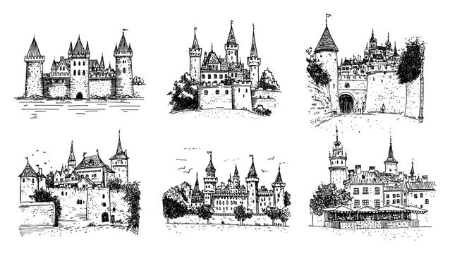 Collection of medieval castles and fortified palaces in detailed hand drawn engraving style