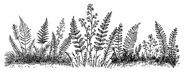 Fern leaves and forest plants botanical border in hand drawn sketch style © Kaz
