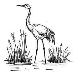 Fototapeta premium Heron bird standing in wetland water among reeds in hand drawn sketch style