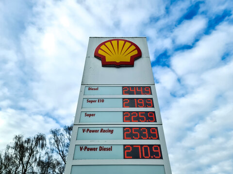 Kiel, Germany - 03. April 2026: Shell gas station displaying rising fuel prices