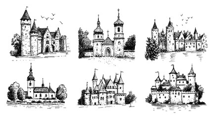 Medieval castles and historical fortress buildings collection in hand drawn sketch style © Kaz